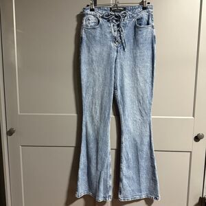 Social Tourist A&F Ultra High Rise Flare Jeans Lace Up Closure Blue Waist 28"
